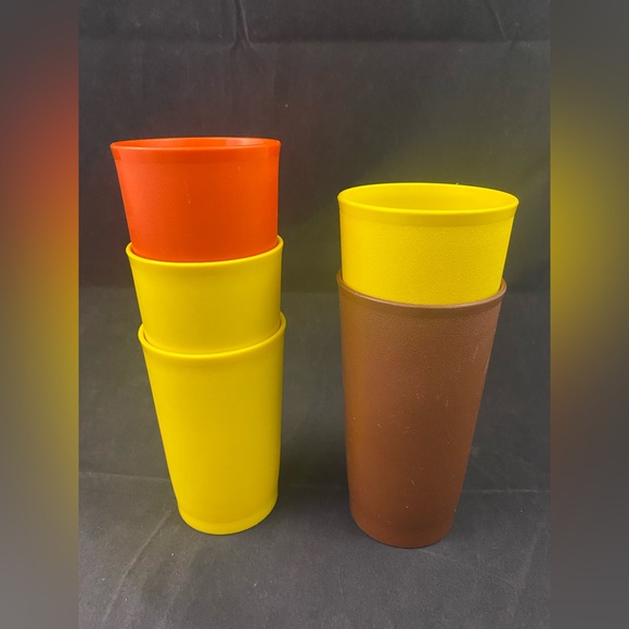 5x Tupperware Tumblers Cups Harvest Orange Brown Yellow Vintage 12 oz 8 oz - Picture 5 of 5